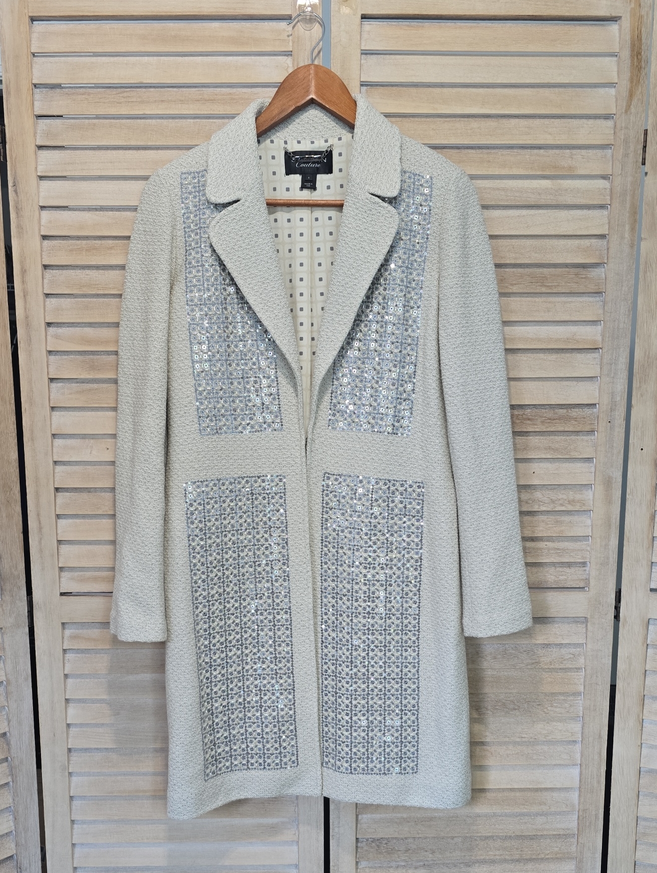 St. John Couture Ivory Sequin Knit Windowpane Duster Jacket Evening